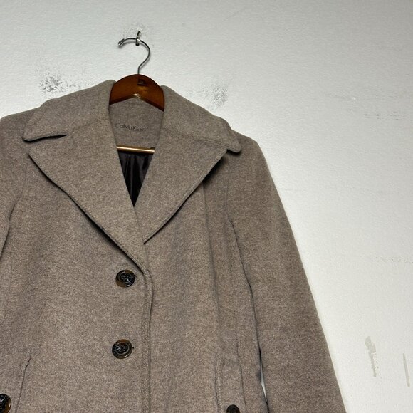 Calvin Klein Silk Wool Blend Brown Peacoat Jacket Women L Outerwear Winter Fall - Picture 10 of 15